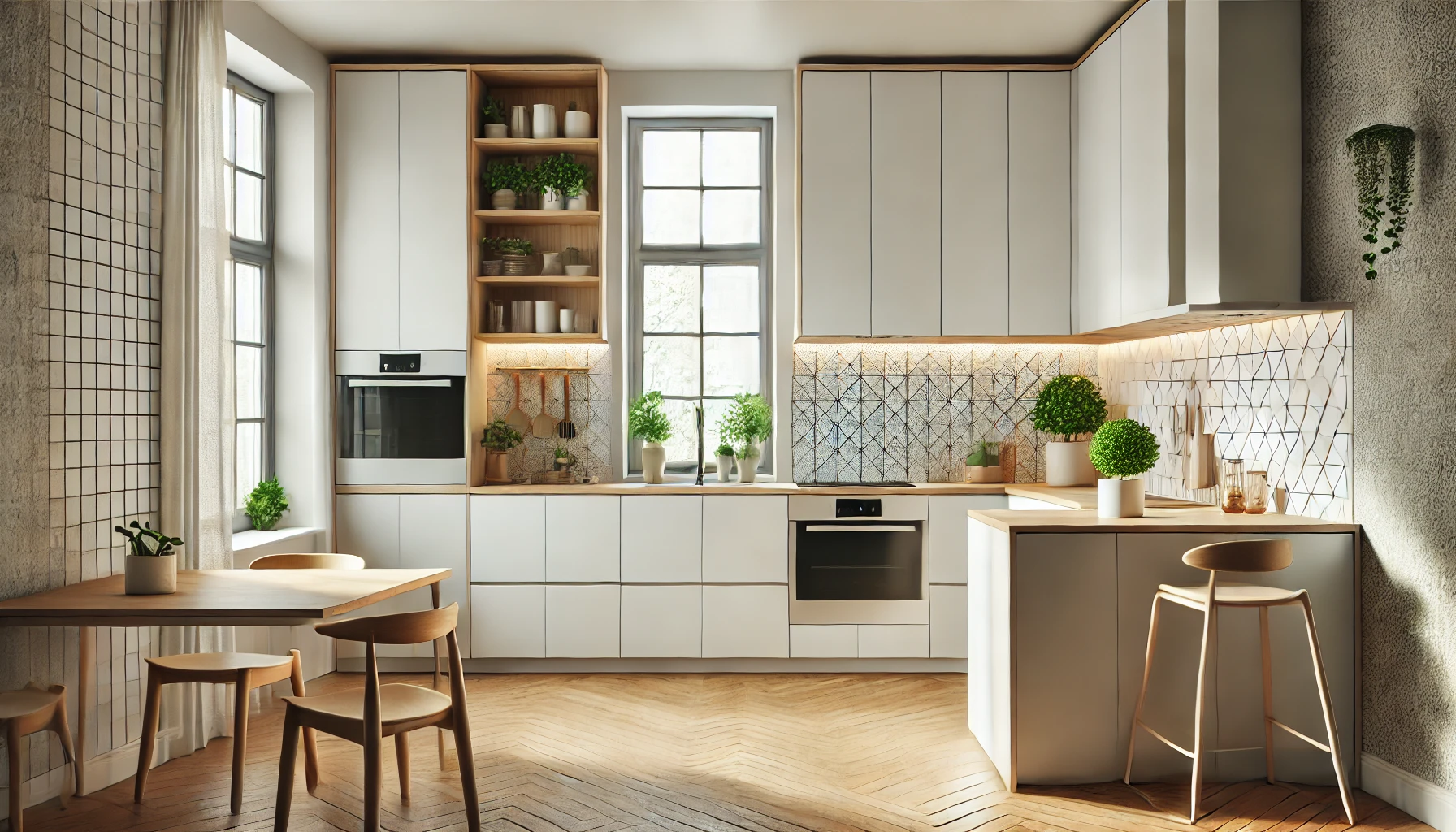 DALL·E 2024-10-28 08.51.14 – A functional and aesthetic minimalist kitchen with clean, modern design. The kitchen has a white and neutral color scheme with natural wood accents, a
