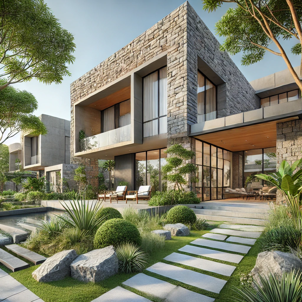 DALL·E 2024-10-31 13.26.33 – A beautifully designed exterior of a modern house featuring natural stone elements. The house showcases a combination of sleek architecture and rustic batu alam