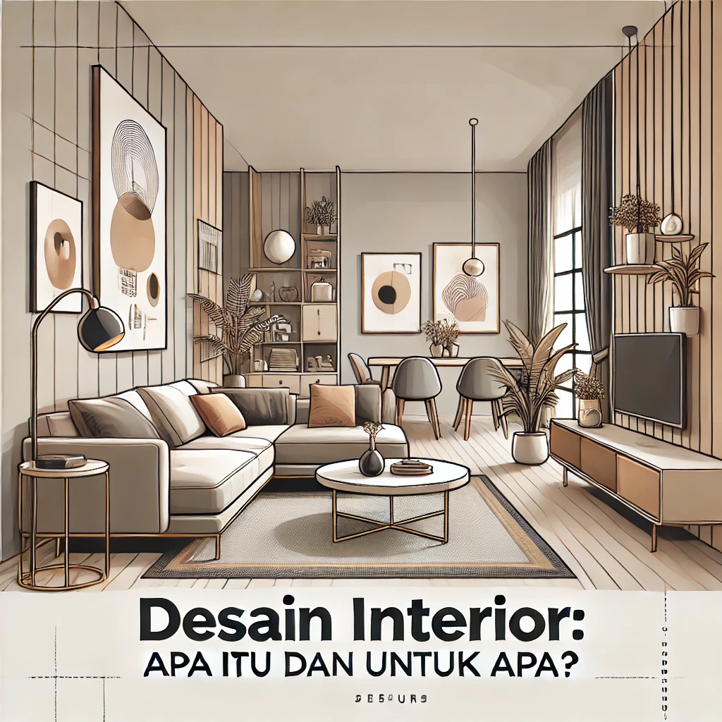 DALL·E 2024-11-04 14.28.52 – A digital illustration titled ‘Desain Interior_ Apa Itu dan Untuk Apa_’ showing a modern, well-designed living room interior. The room has a cozy, sty desain interior