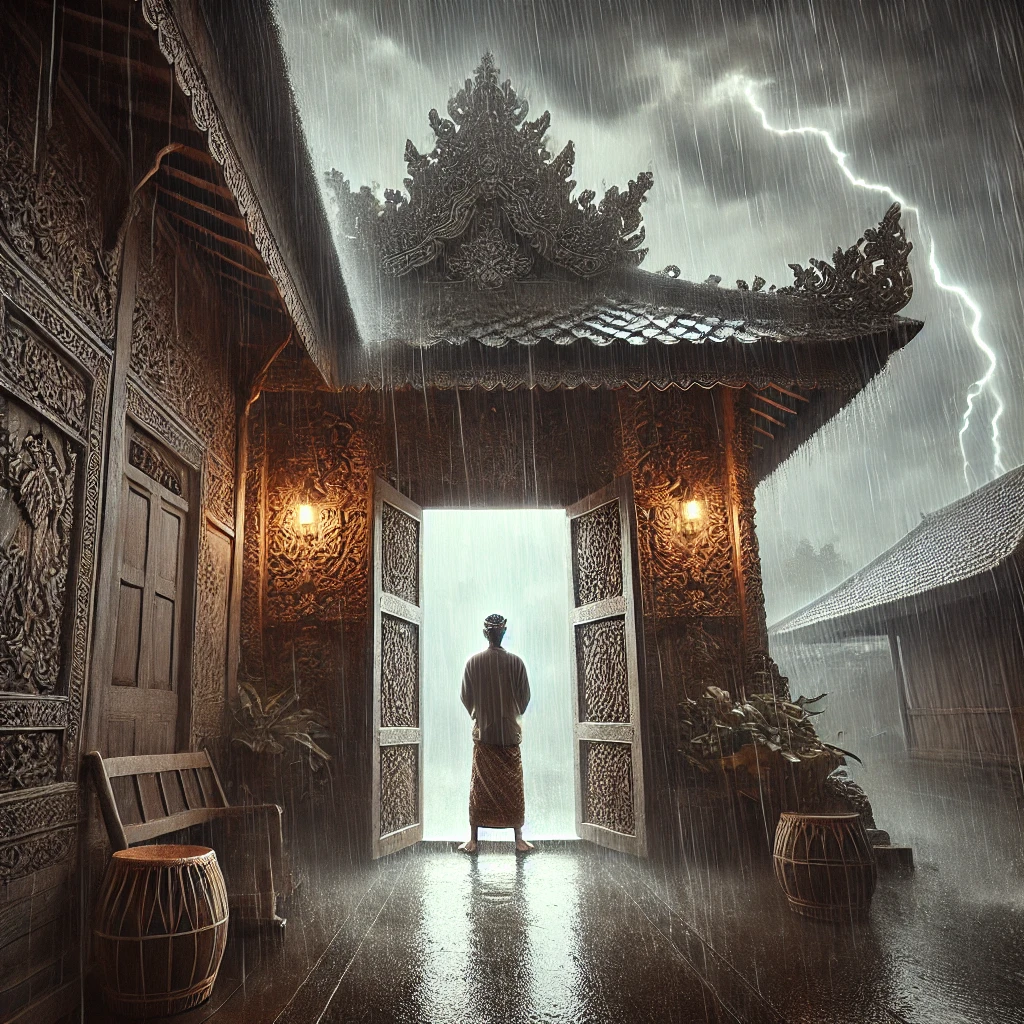 DALL·E 2024-11-12 08.50.37 – A traditional Javanese setting during heavy rain, showing a house with intricate wooden door frames and a person standing cautiously inside, avoiding mitos