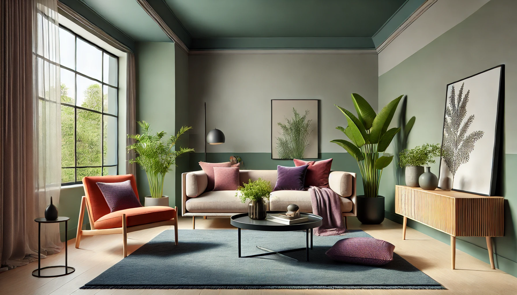 DALL·E 2024-11-19 09.11.34 – A modern and stylish interior design showcasing 2024 color trends. The living room features sage green walls, a terracotta accent chair, and a beige s interior rumah