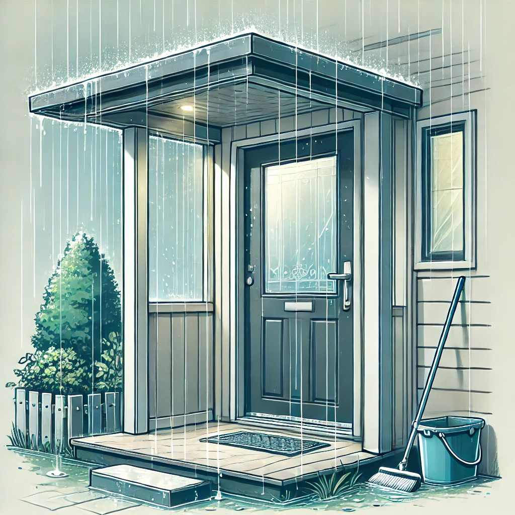 DALL·E 2024-11-25 09.53.29 – An illustration of a home entrance with a sturdy and well-maintained door during a rainy season. The scene includes light rain falling, water droplets pintu