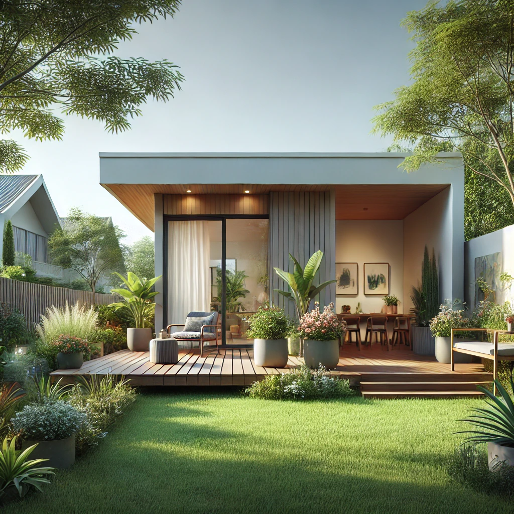 DALL·E 2024-12-02 14.07.00 – A digital painting of a minimalist and simple backyard garden of a modest house. The garden features a small wooden deck connected to the house, a coz taman minimalis belakang rumah