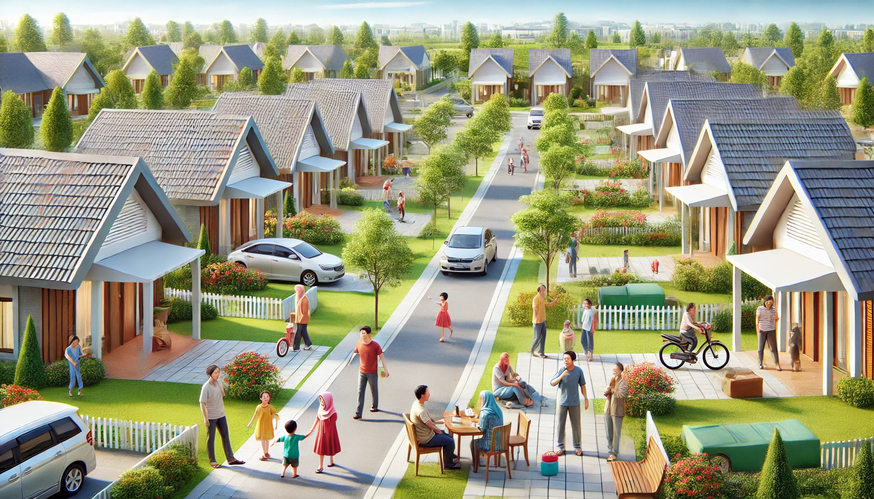 DALL·E 2024-12-04 09.53.18 – A vibrant and welcoming scene of a government-subsidized housing community for 2025 in Indonesia. Show a collection of modern, modest houses with clea rumah subsidi