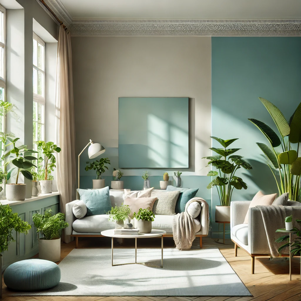 DALL·E 2024-12-16 09.04.21 – A cozy living room with walls painted in cool, calming colors such as light blue, soft mint green, and pale grey. The room is filled with natural ligh Warna Cat Rumah yang Sejuk