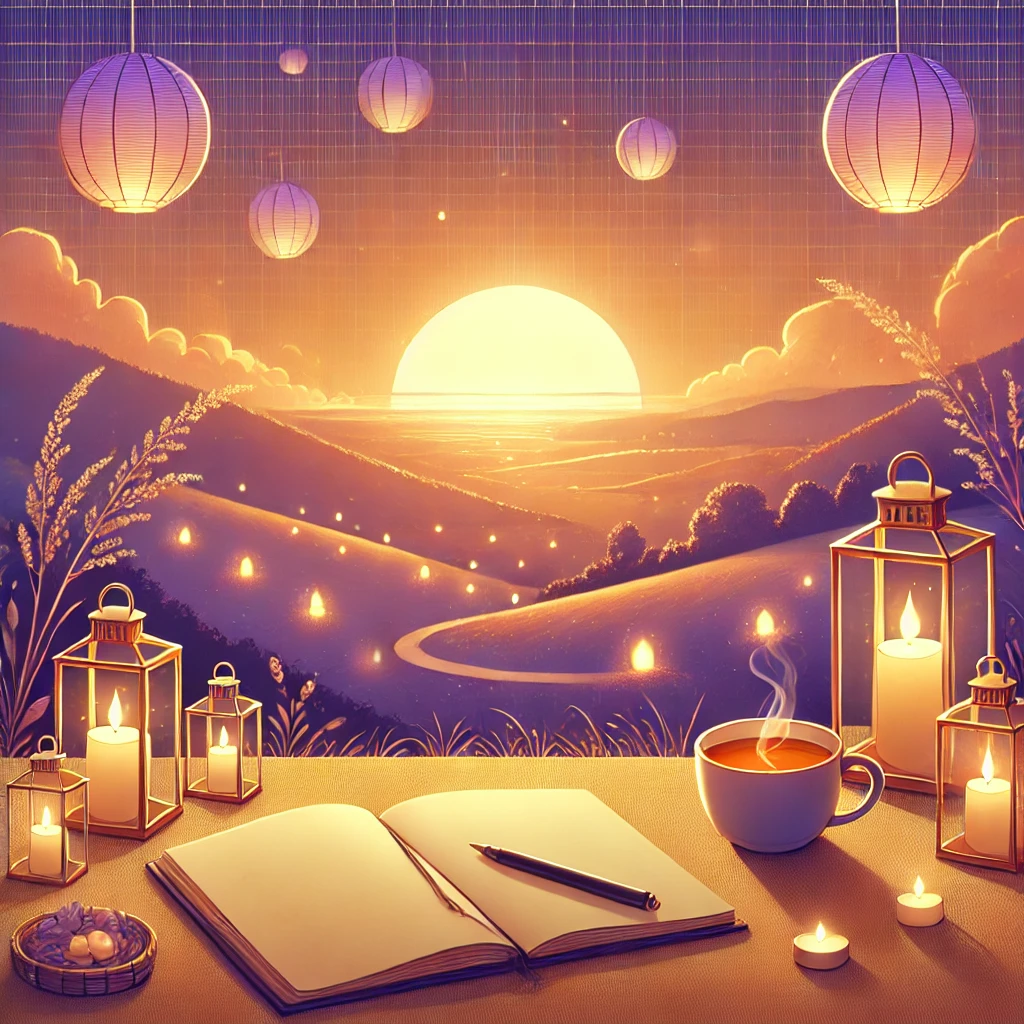 DALL·E 2024-12-24 08.59.09 – A serene illustration of a peaceful sunset view over a quiet hill, surrounded by soft glowing lanterns. The scene is calm and reflective, with a noteb doa akhir tahun