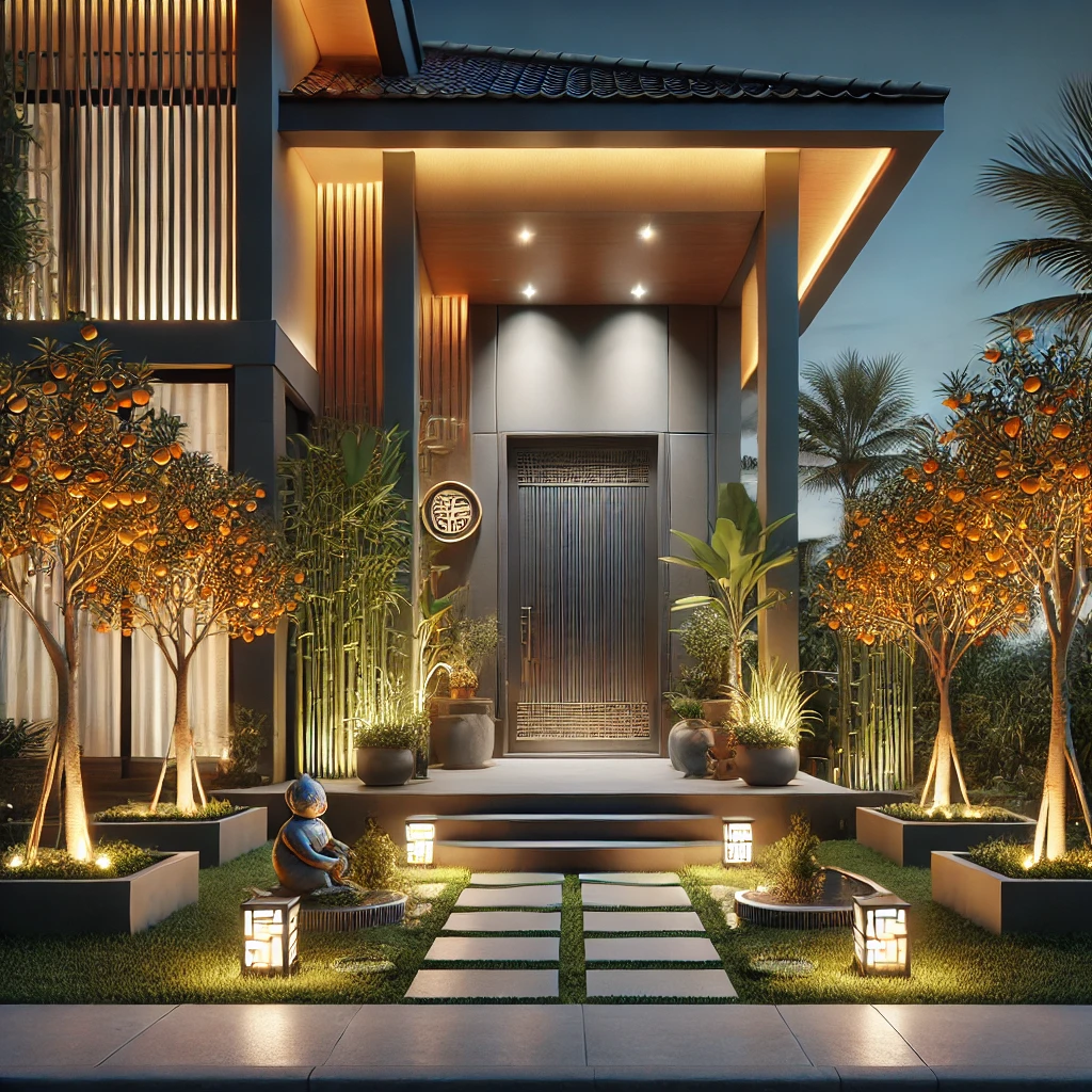 DALL·E 2024-12-26 08.30.56 – A beautifully designed house exterior that incorporates elements of feng shui and modern aesthetics. The scene includes a well-maintained front yard w desain eksterior