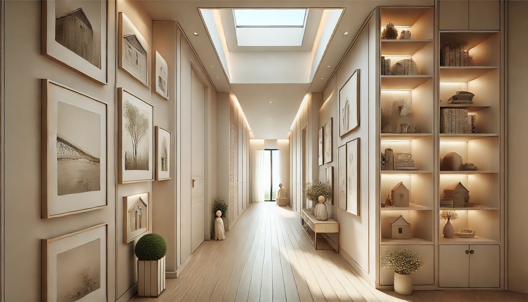 DALL·E 2024-12-27 09.49.11 – An artistic and visually appealing illustration of a modern home corridor designed with a minimalistic and elegant aesthetic. The corridor features ne koridor