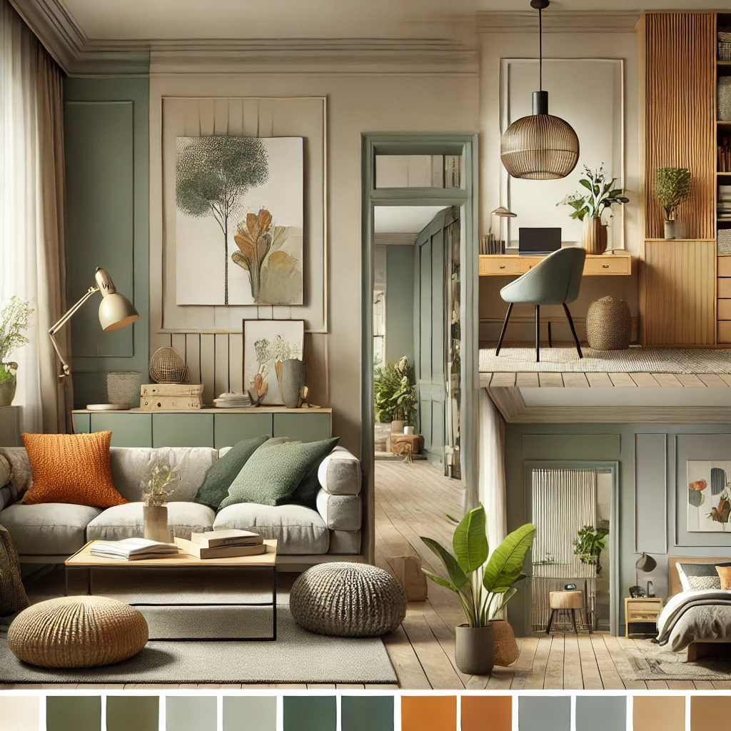 DALL·E 2024-12-30 10.32.11 – A visually appealing digital illustration showcasing trending interior color combinations for 2025. The design features a modern living room with a ha interior