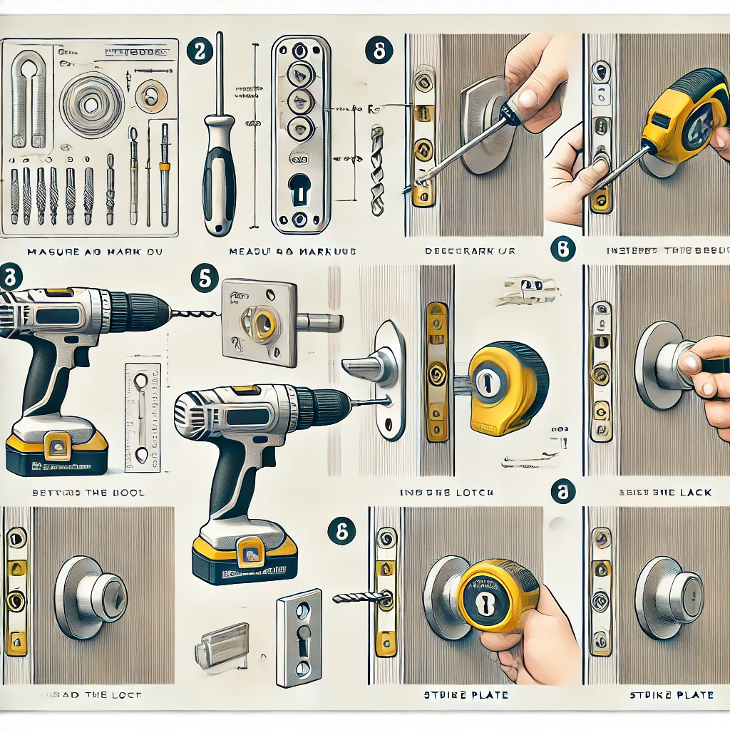 DALL·E 2025-01-03 13.49.59 – An instructional illustration showing the step-by-step process of installing a door lock. The image features labeled diagrams of tools such as a screw kunci pintu