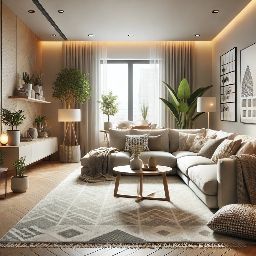 DALL·E 2025-01-13 09.18.28 – A modern family room interior with carefully chosen furniture that emphasizes comfort and functionality. The room features a cozy L-shaped sofa with l ruang keluarga