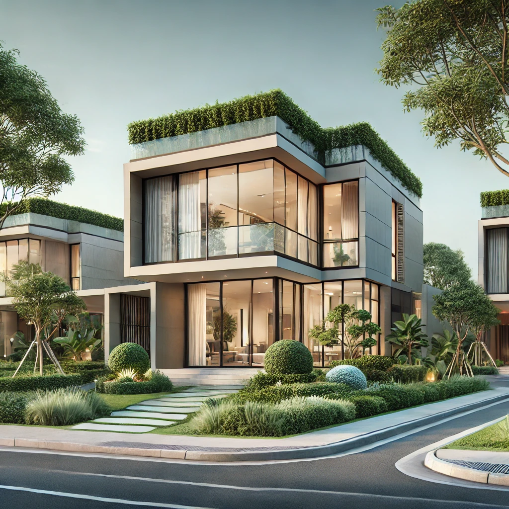 DALL·E 2025-01-16 10.01.23 – A modern residential house located at a corner lot (hook house), surrounded by lush greenery. The house has large glass windows on two sides, a spacio rumah hook