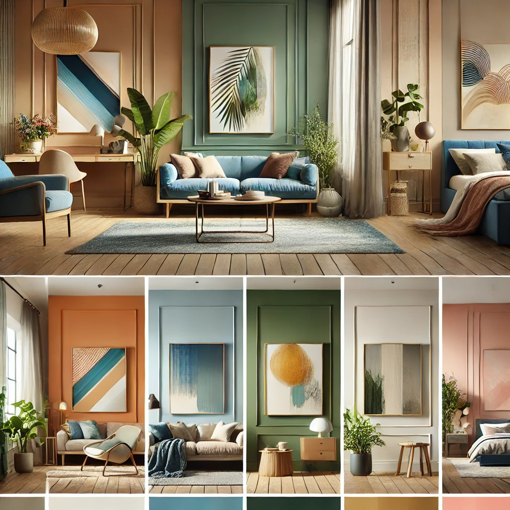 DALL·E 2025-01-18 09.18.44 – A visually stunning and modern illustration of a home interior showcasing the trending paint colors for 2025. The image includes six sections, each de inspirasi warna cat rumah