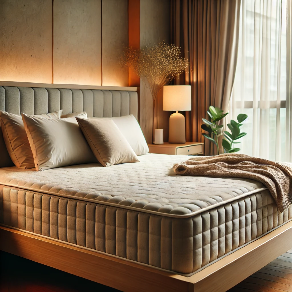 DALL·E 2025-02-10 09.33.50 – A cozy bedroom with a neatly arranged mattress on a wooden bed frame. The room is softly lit with warm lighting, and there are plush pillows and a sof kasur