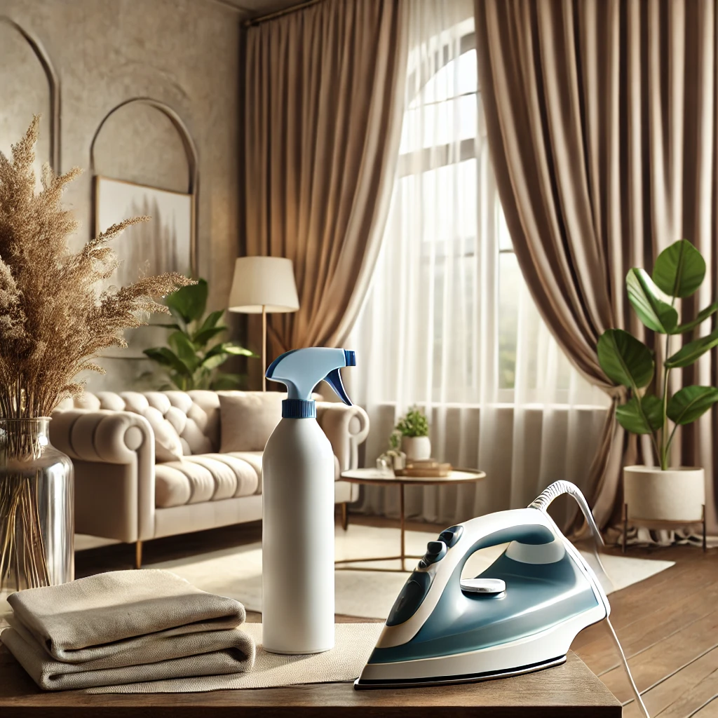 DALL·E 2025-02-11 14.08.16 – A cozy living room with large, elegant curtains in neutral tones. A bottle of fabric freshener and a steam iron are placed on a table, symbolizing cur gorden