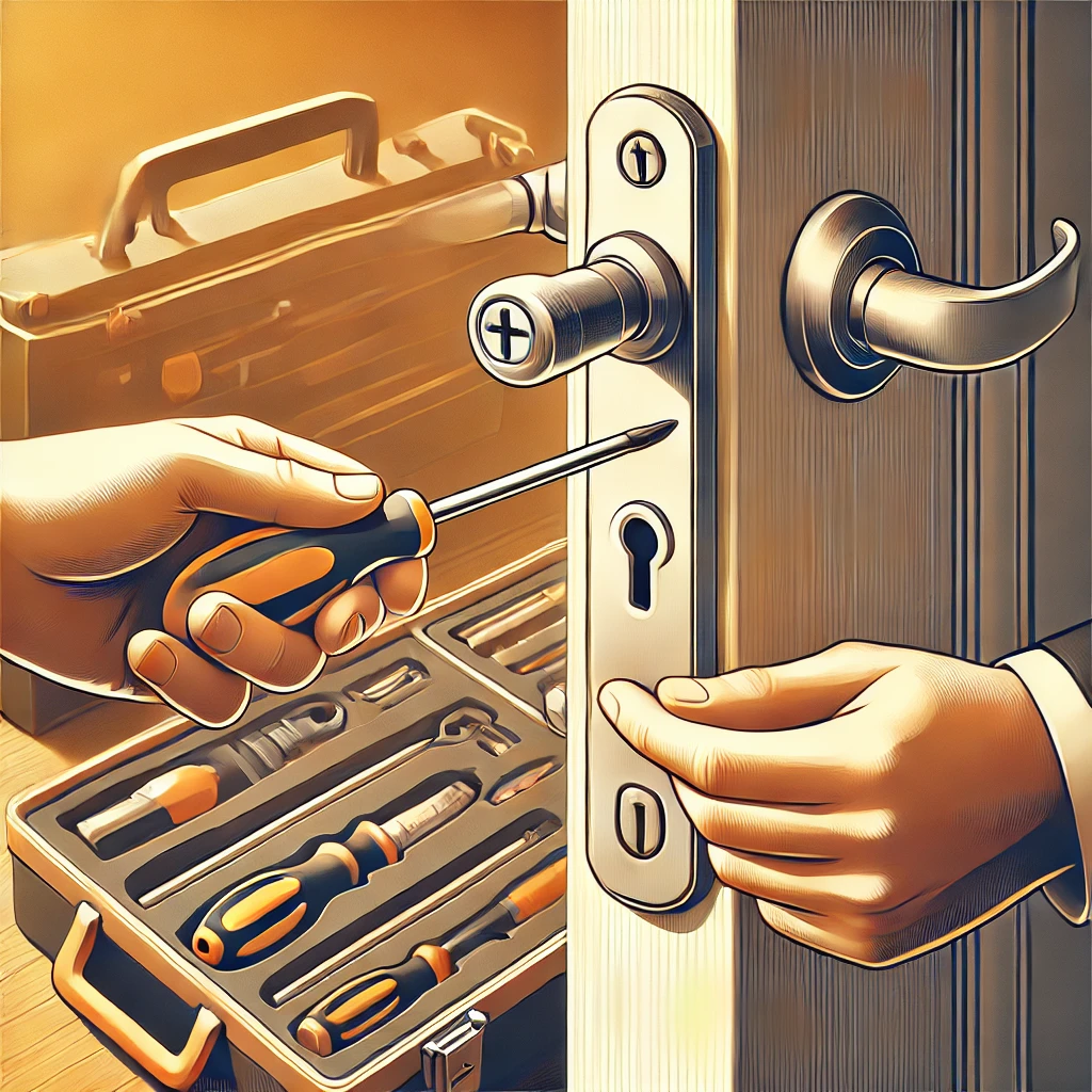 DALL·E 2025-02-22 10.02.54 – An illustration of a person fixing a loose door lock with a screwdriver. The scene shows a close-up of a hand tightening screws on a door handle. In t kunci pintu