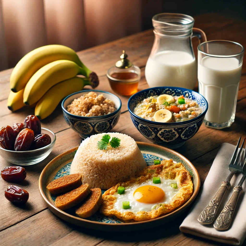 DALL·E 2025-03-01 10.02.39 – A beautifully arranged sahur meal on a wooden dining table. The meal includes a plate of rice with vegetable omelet, a bowl of oatmeal with banana sli
