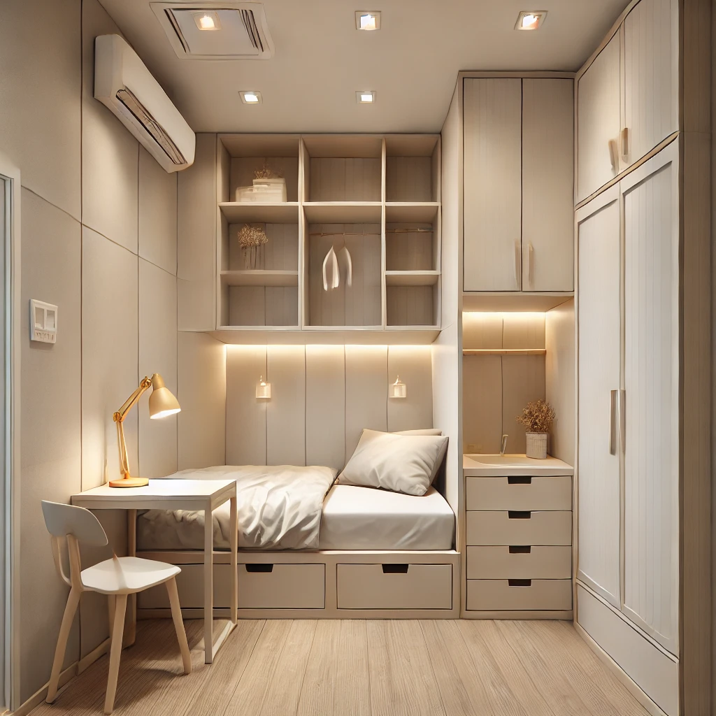 DALL·E 2025-03-04 09.28.22 – A simple yet cozy 3×4 meter boarding house room design. The room features a minimalist bed with storage underneath, a small desk with a chair, a wardr untuk Desain Kos Kosan 3x4