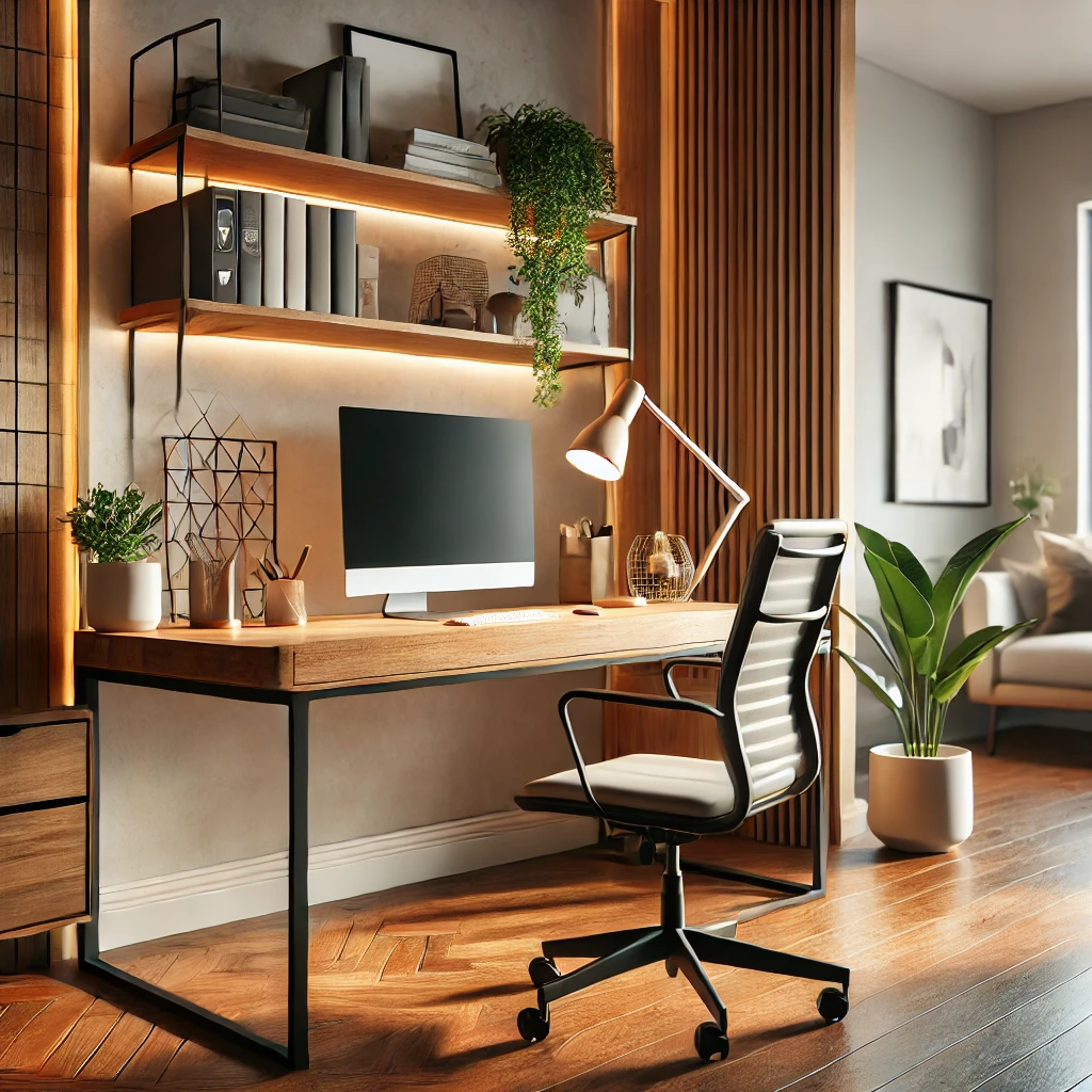 DALL·E 2025-03-10 09.38.49 – A modern and cozy home office setup with a minimalist wooden desk, an ergonomic chair, a laptop, and a few decorative plants. The room has warm lighti ruang kerja