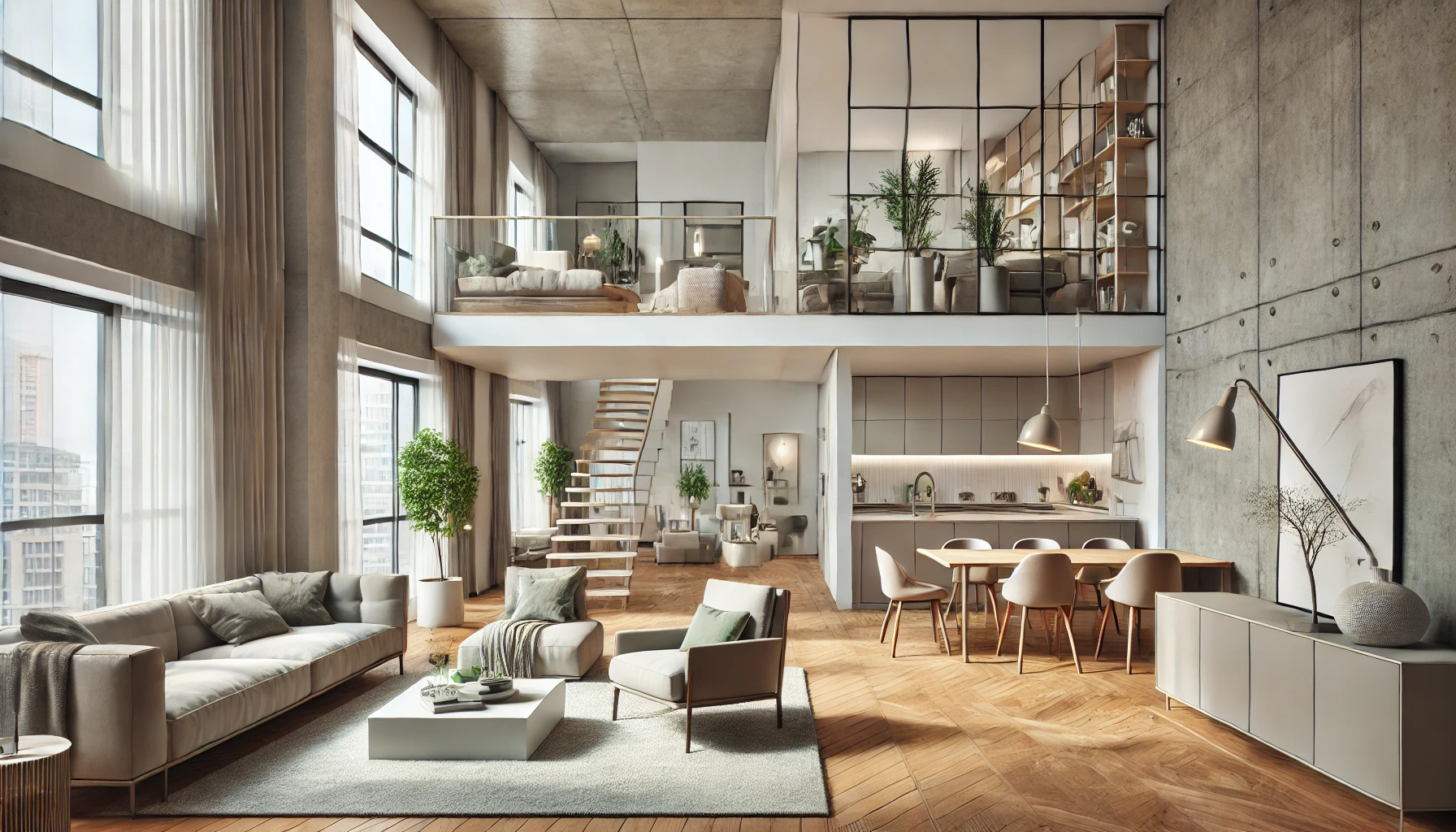 DALL·E 2025-03-10 11.19.28 – A modern open space living room combining the living area, dining area, and kitchen in one seamless space. The design features large windows allowing open space living
