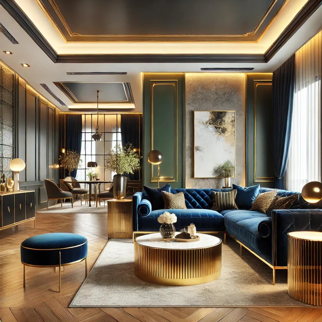 DALL·E 2025-03-13 09.20.48 – A luxurious interior design featuring elegant color combinations. The room showcases a stylish mix of navy blue and gold with a modern touch. A plush warna cat interior rumah