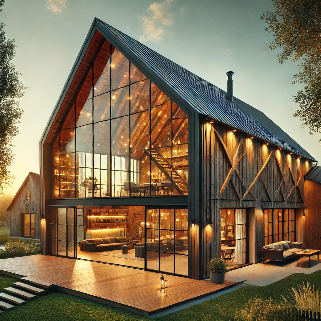 DALL·E 2025-03-17 08.54.48 – A modern rustic barn house with a high-pitched roof, large glass windows, and a combination of wood and steel materials. The house is surrounded by a barn house