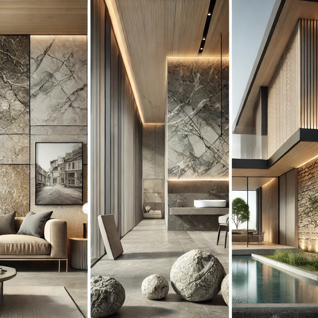 DALL·E 2025-03-18 14.52.58 – A modern architectural design featuring natural stone elements in various applications_ an elegant stone-clad living room wall, a stylish bathroom wit batu alam