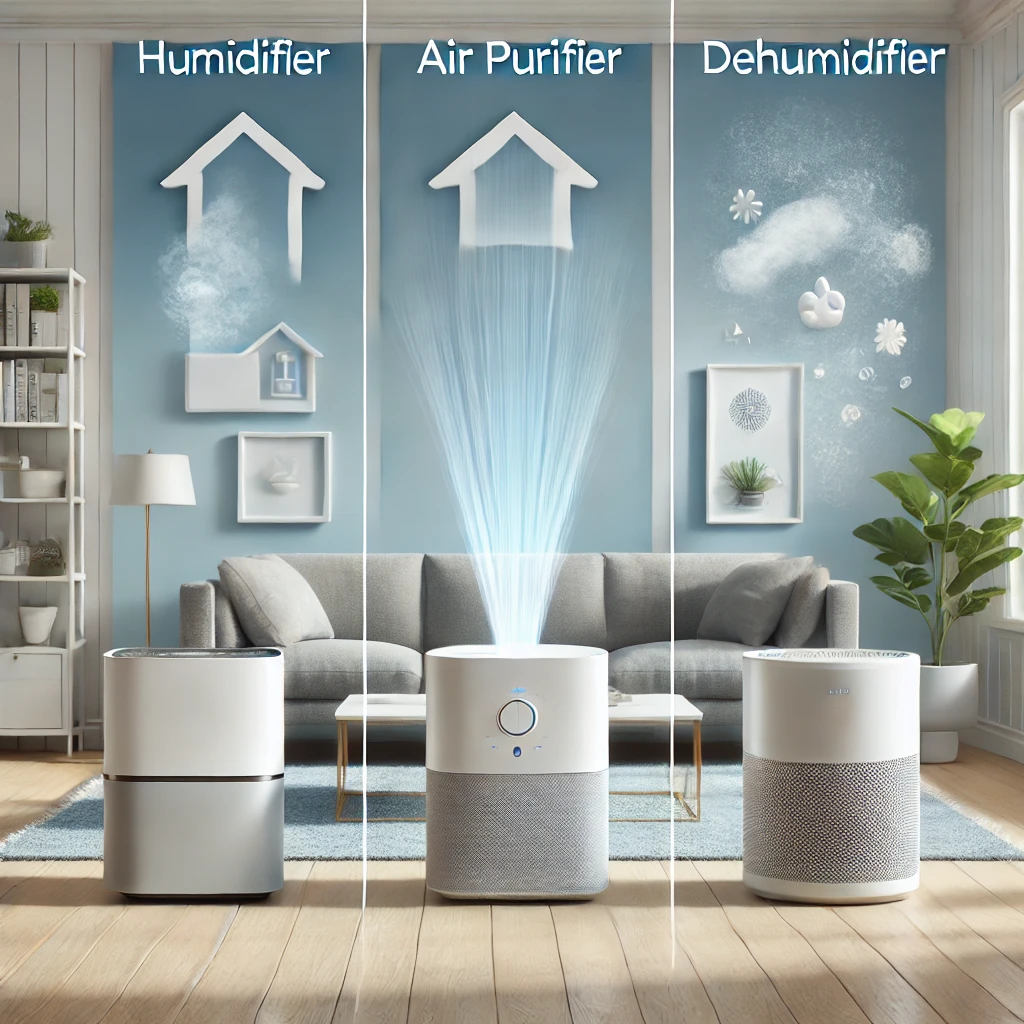 DALL·E 2025-03-20 13.27.39 – A modern and clean infographic showing the differences between a Humidifier, Air Purifier, and Dehumidifier. The image is divided into three sections, humidifier