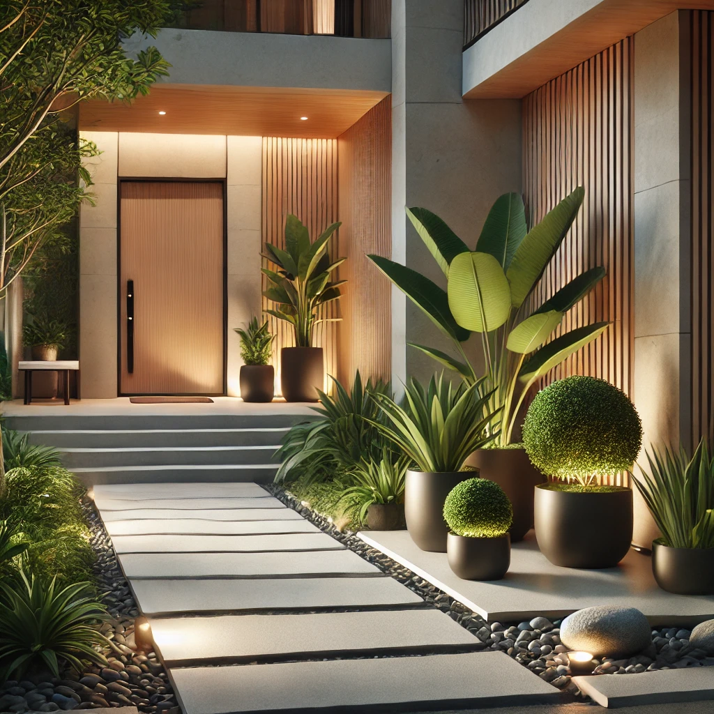 DALL·E 2025-03-25 08.49.04 – A modern and elegant front yard design with a minimalist touch. The scene includes a sleek pathway made of natural stone leading to a stylish front do halaman depan rumah