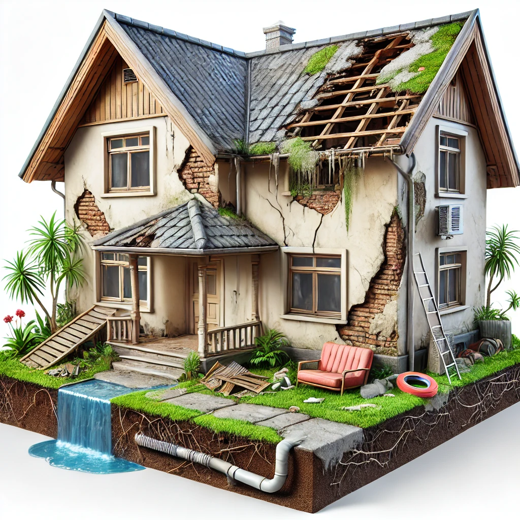 DALL·E 2025-03-26 10.24.32 – A house with visible structural damage, including cracks in the walls, peeling paint, water leakage stains, and an overgrown drainage system. The roof rumah